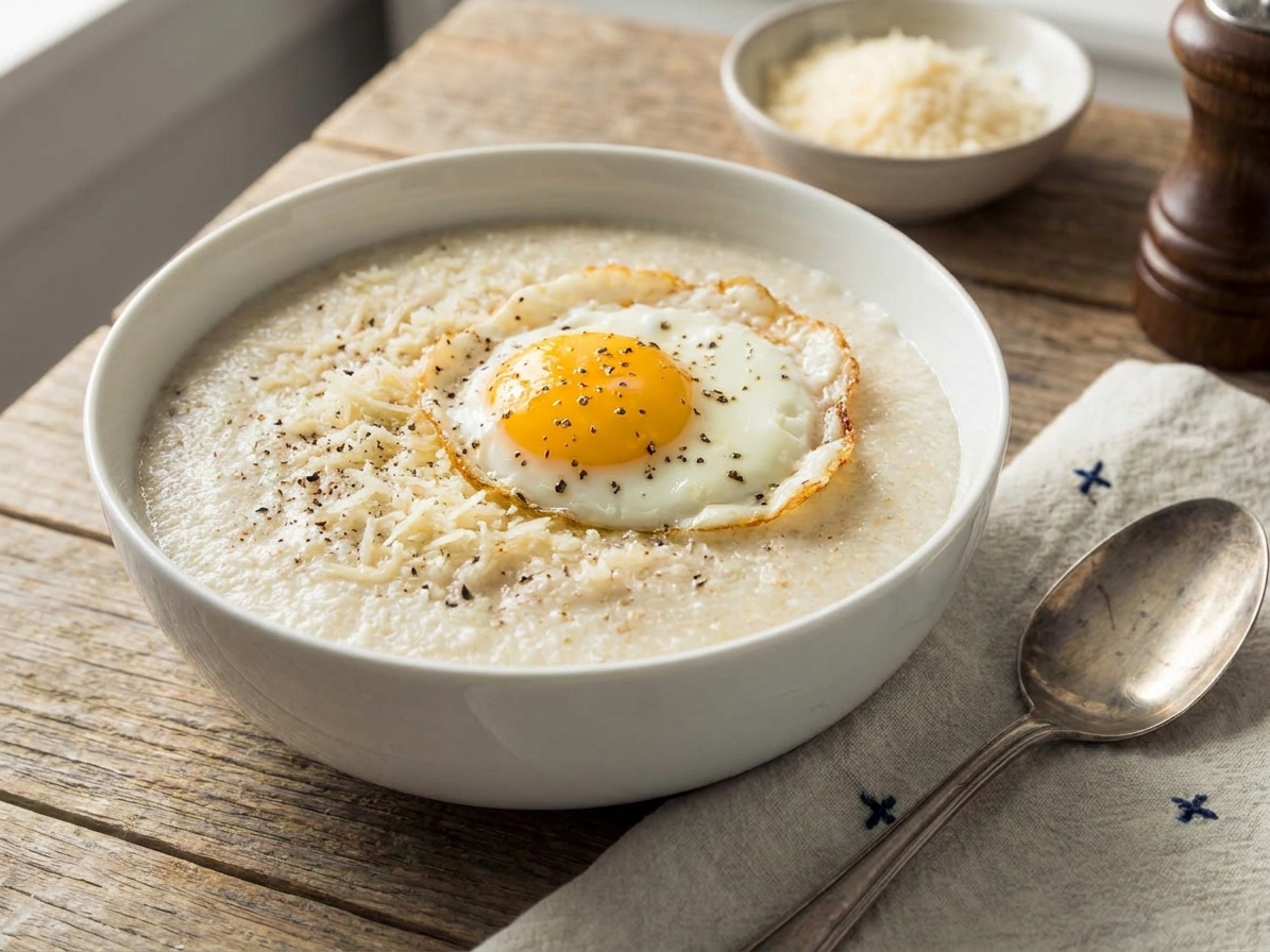 A savory bowl of Cream of Wheat finished with grated Parmesan and black pepper, topped with a soft fried egg