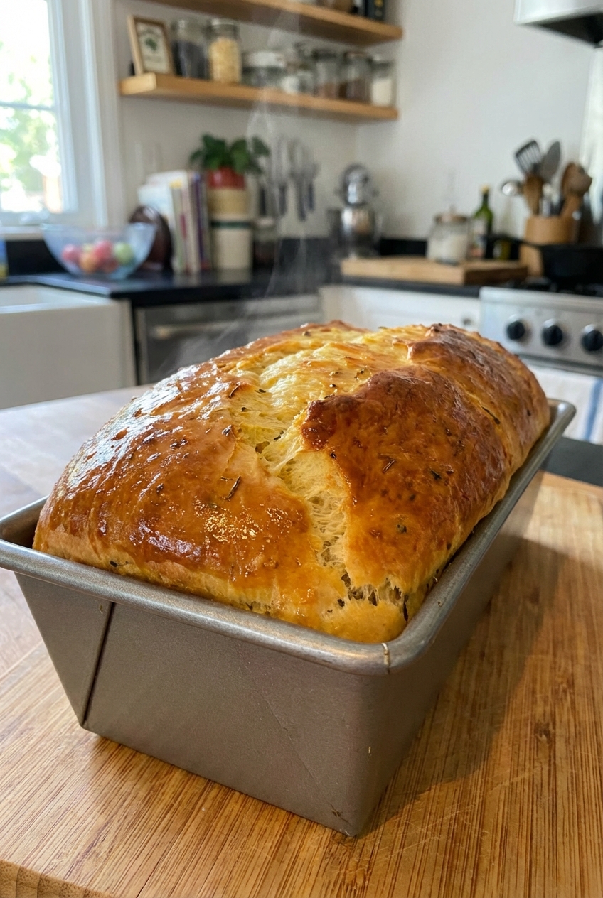 A savory brioche loaf in a metal loaf pan with a glossy egg-washed top just out of the oven