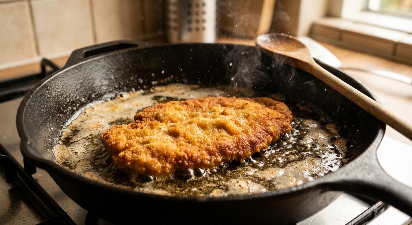 A schnitzel being fried in a skillet with bubbling oil