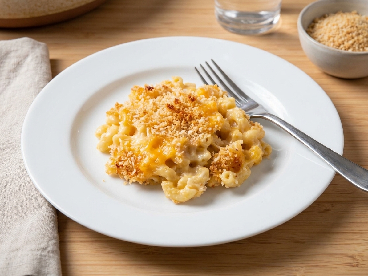 A scoop of baked mac and cheese on a white plate with a golden breadcrumb topping, sitting on a simple dinner table setting