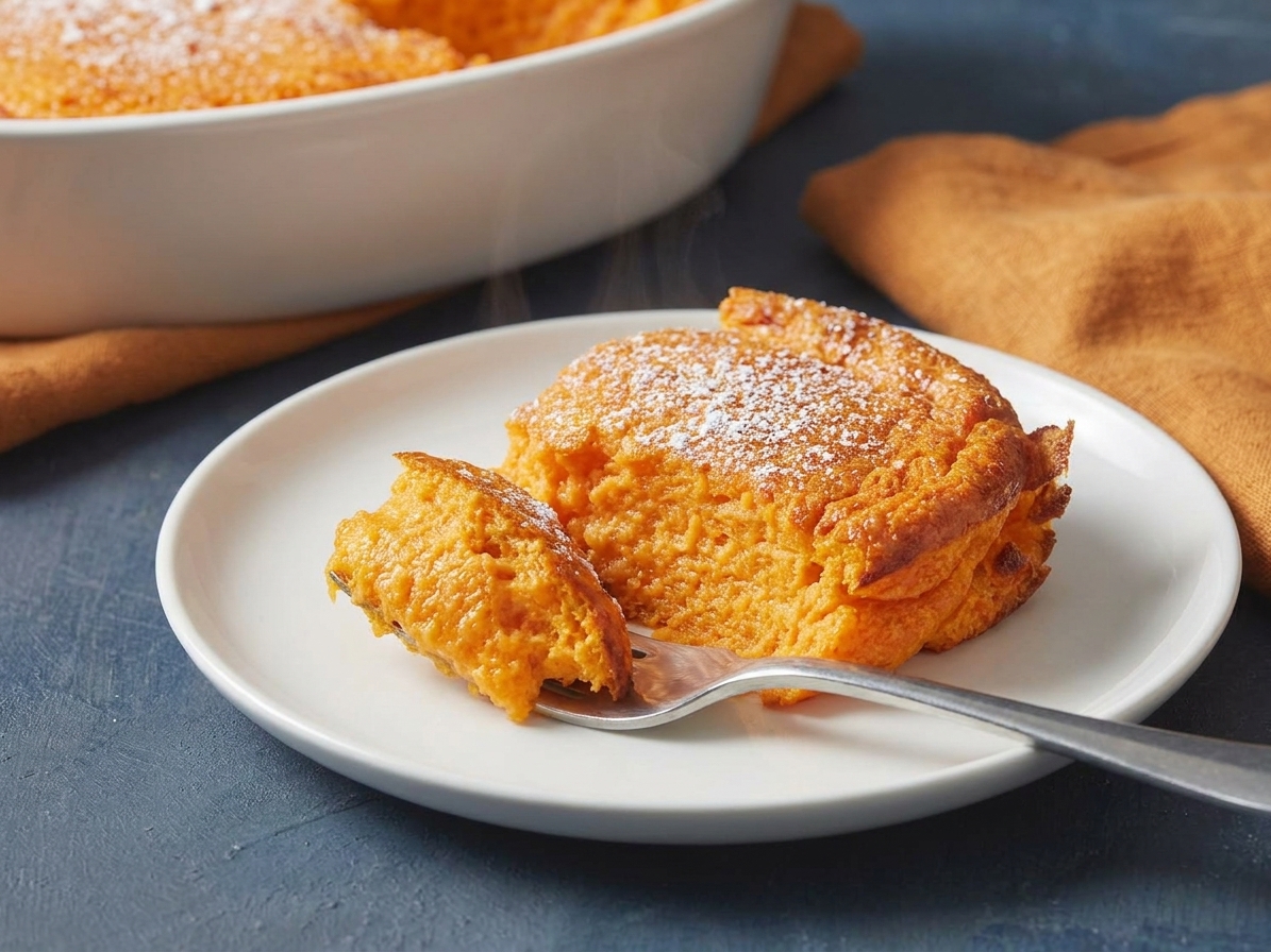 A scoop of carrot soufflé on a white plate with a fork, showing a soft fluffy interior and browned edges under warm kitchen lighting
