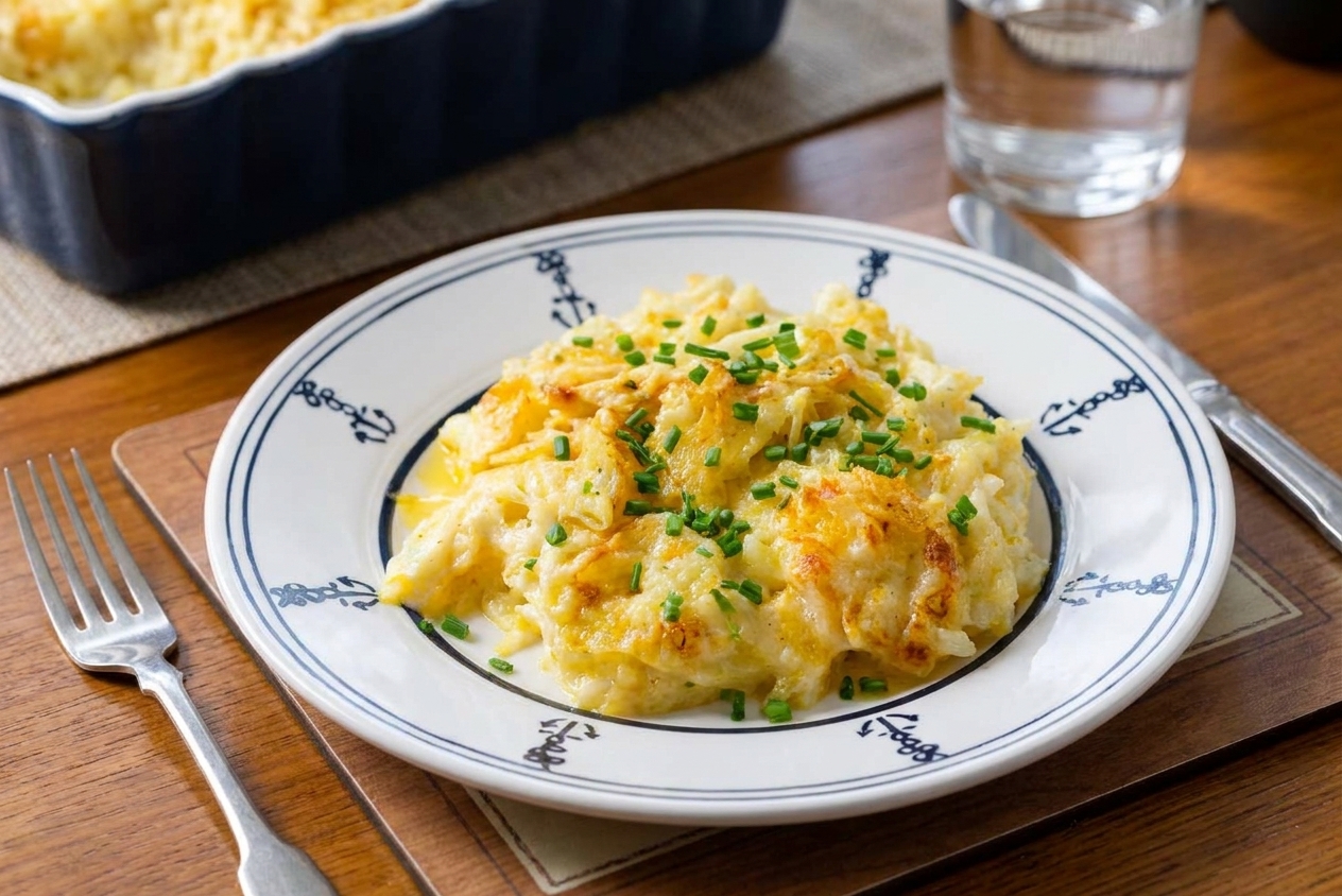 A scoop of cheesy party potatoes on a plate with crisp cornflake topping and chopped chives, photographed at a dinner table