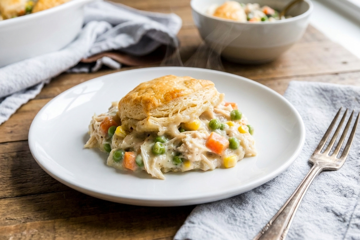 A scoop of chicken pot pie casserole served onto a plate with a fluffy biscuit top and creamy chicken and vegetable filling, set on a simple family dinner table
