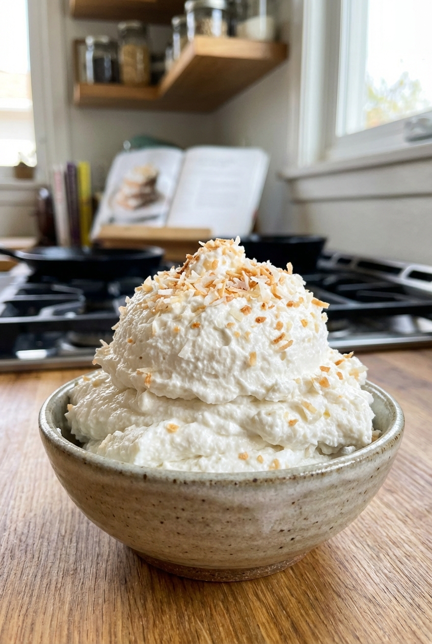 A scoop of coconut whipped cream in a small bowl