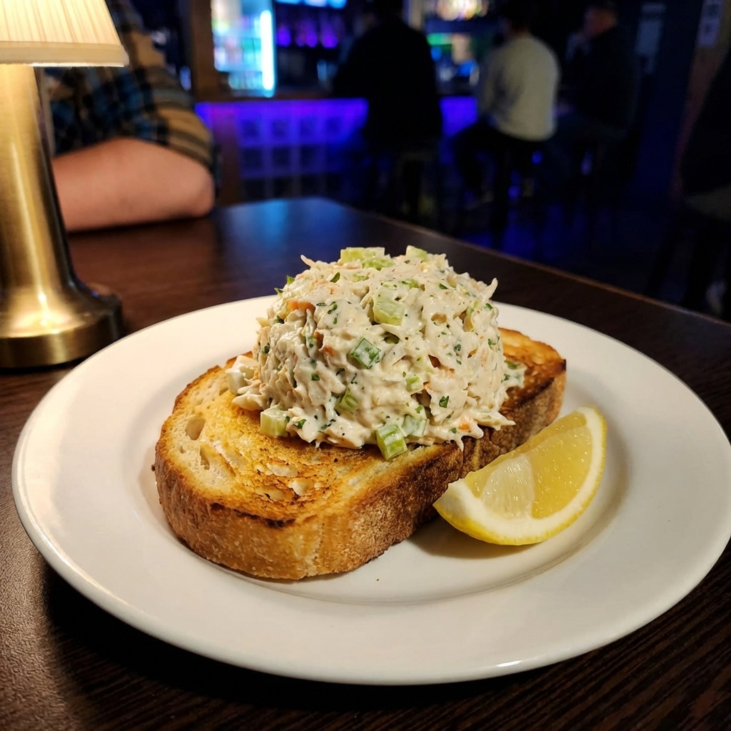 A scoop of crab salad on toasted bread on a plate with a lemon wedge