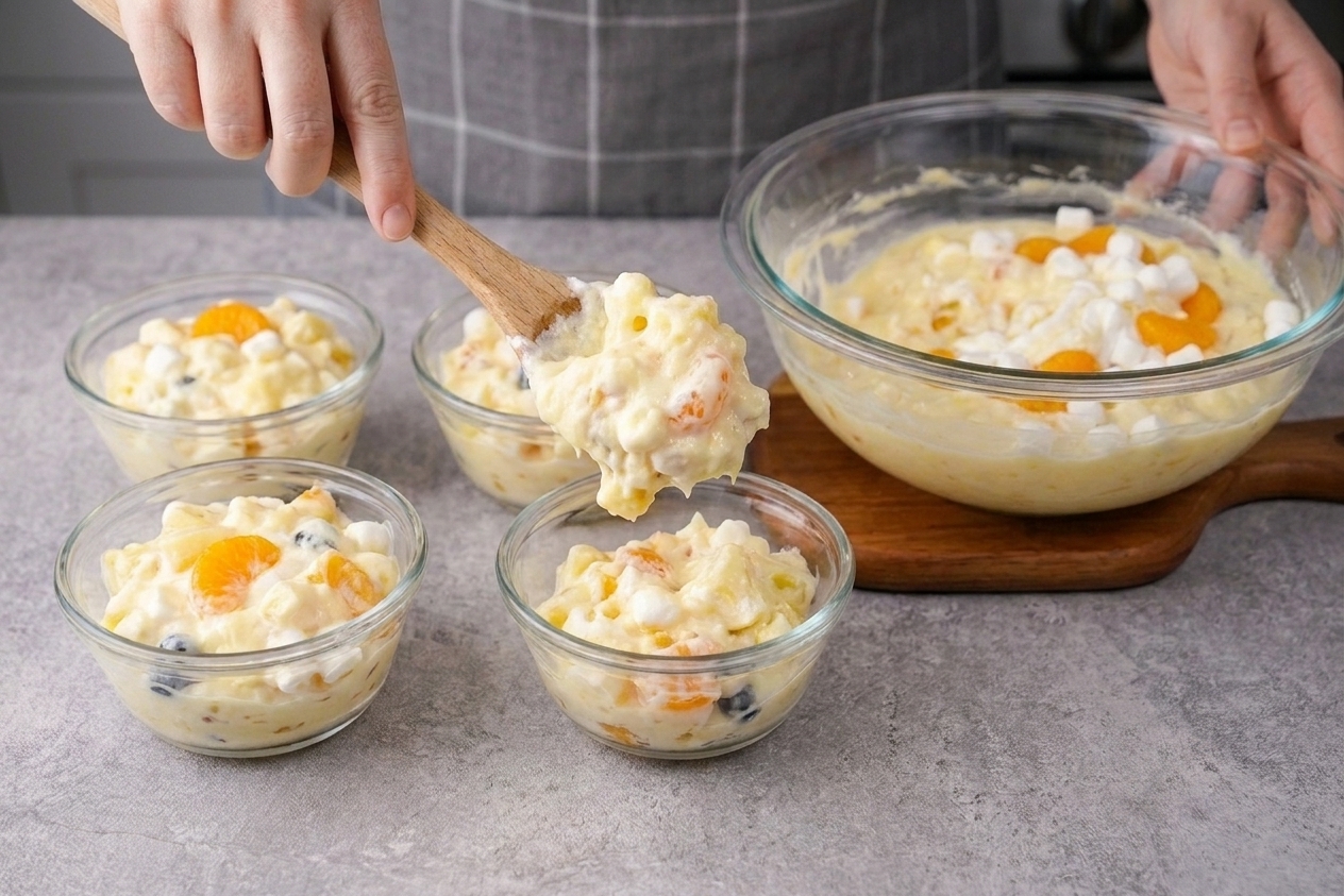 A scoop of creamy Cool Whip fruit salad being served into small dessert bowls on a simple table setting