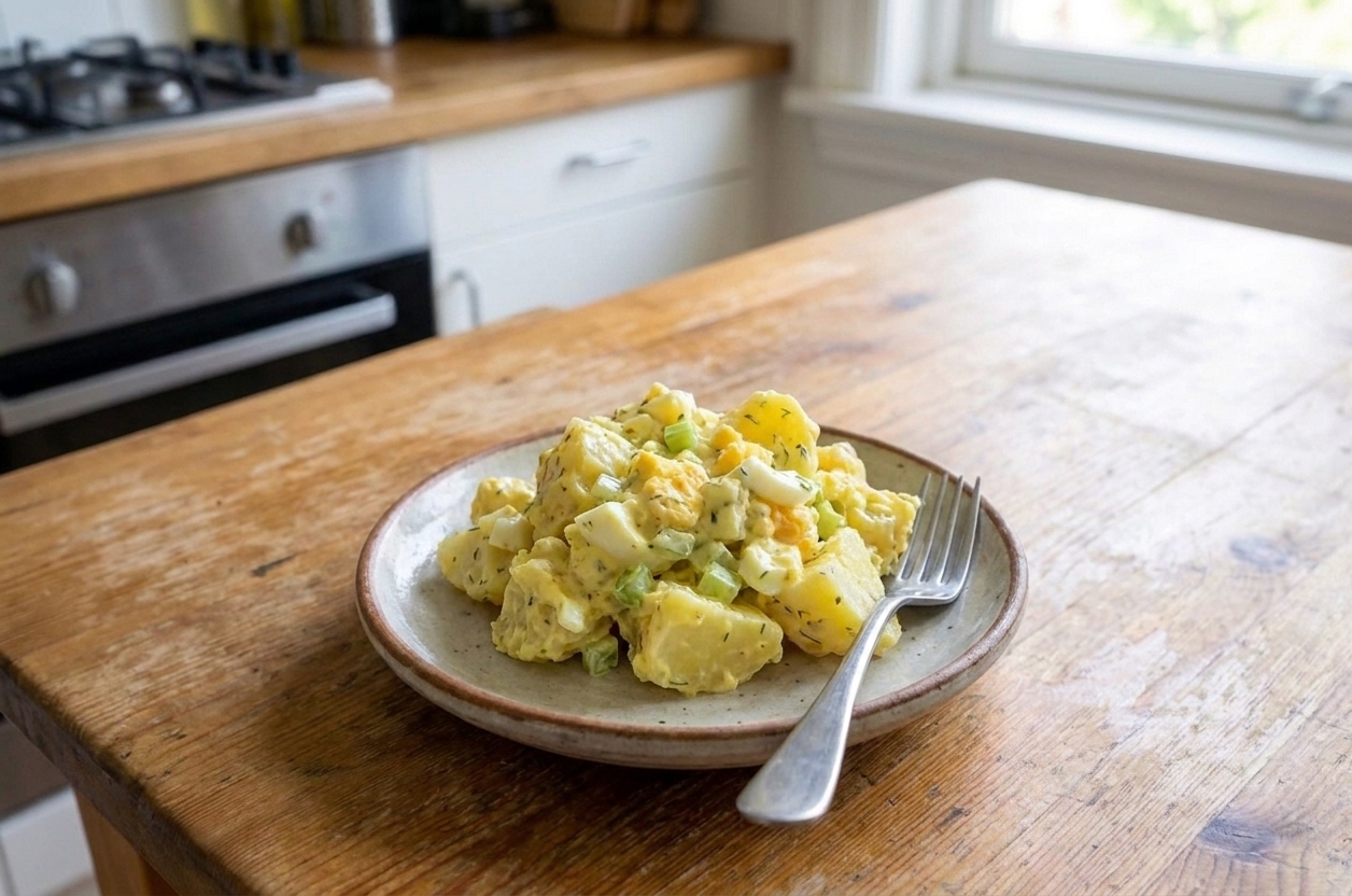 A scoop of creamy potato salad with visible egg pieces and celery served on a small plate beside a fork on a wooden table
