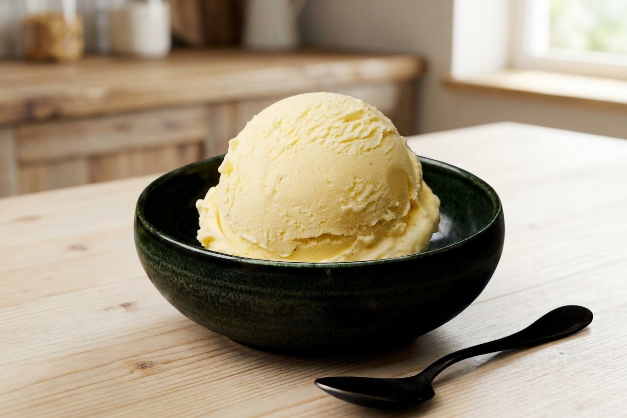 A scoop of creamy vanilla ice cream in a ceramic bowl with a spoon on a bright kitchen table