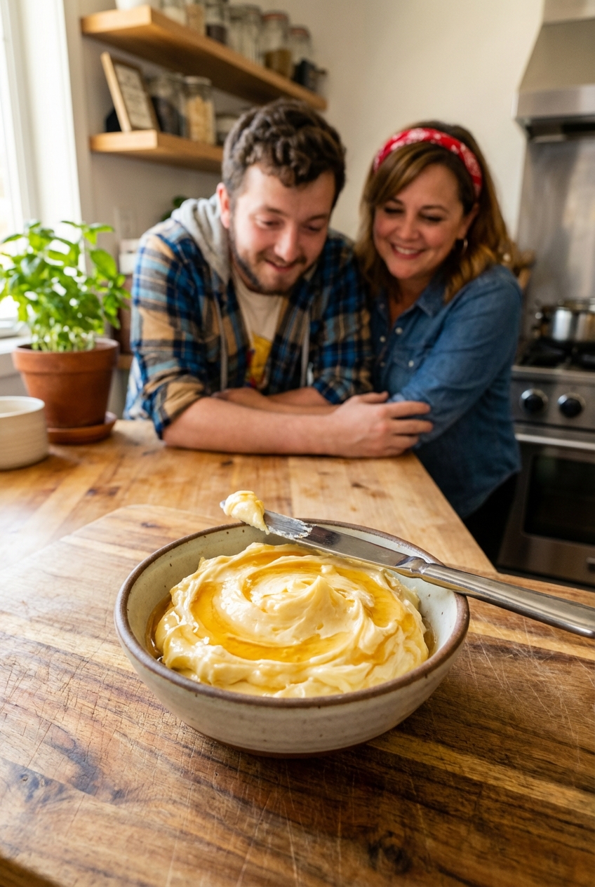A scoop of honey butter in a small bowl with a butter knife