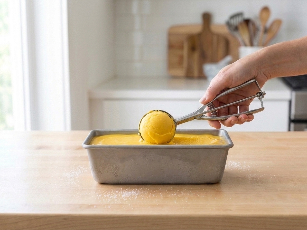 A scoop of mango ice cream being lifted from a container with a sturdy ice cream scoop in warm kitchen lighting