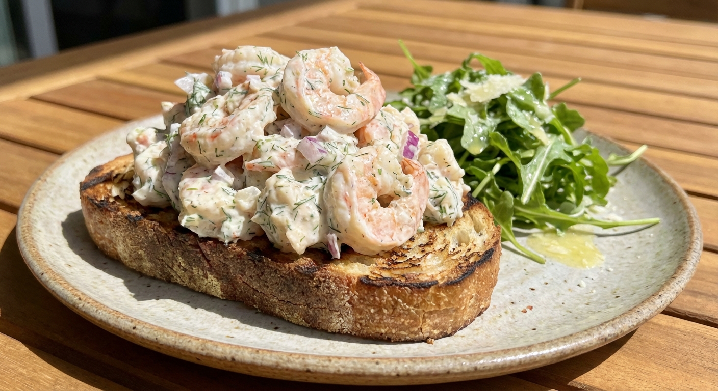 A scoop of shrimp salad piled onto toasted bread on a plate with a small pile of arugula in the background