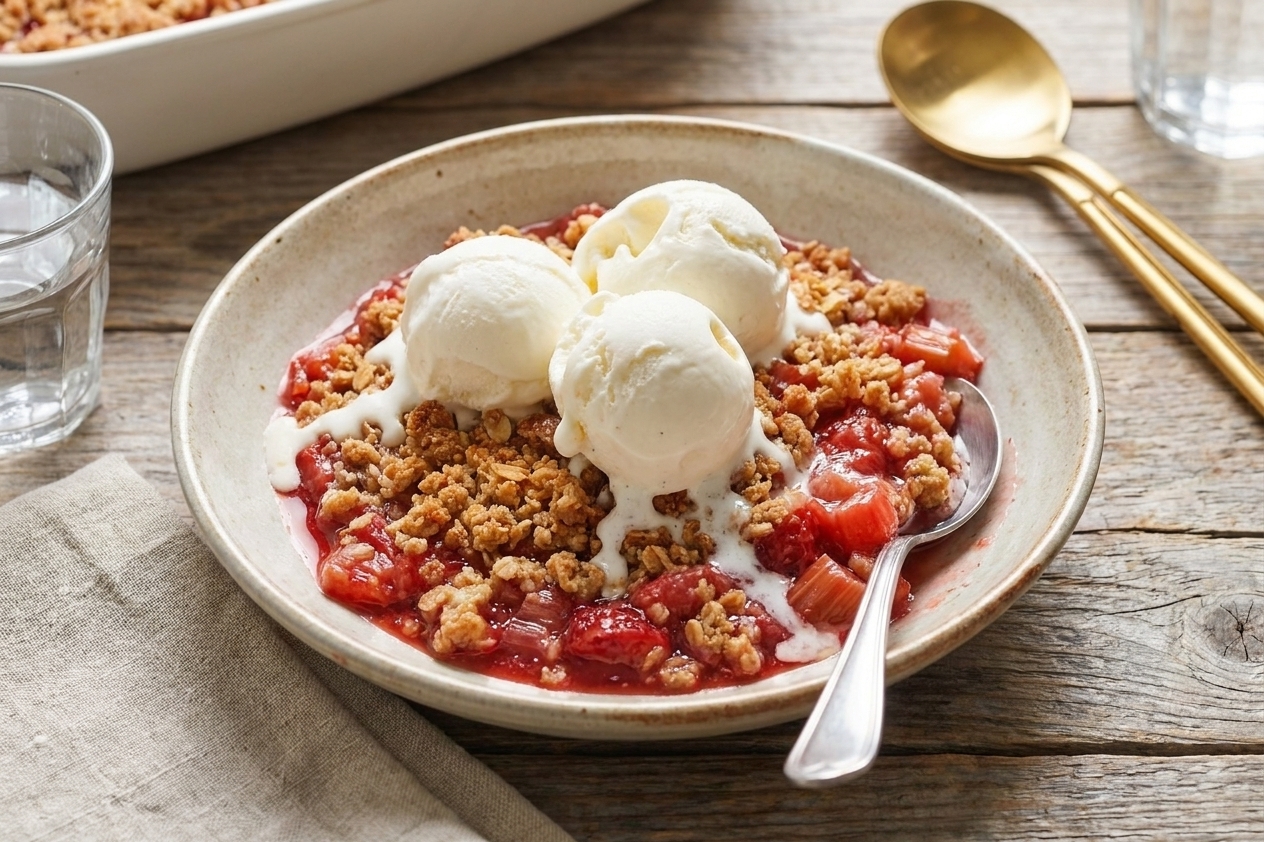 A scoop of strawberry rhubarb crisp in a shallow bowl with melting vanilla ice cream on top, on a wooden table setting