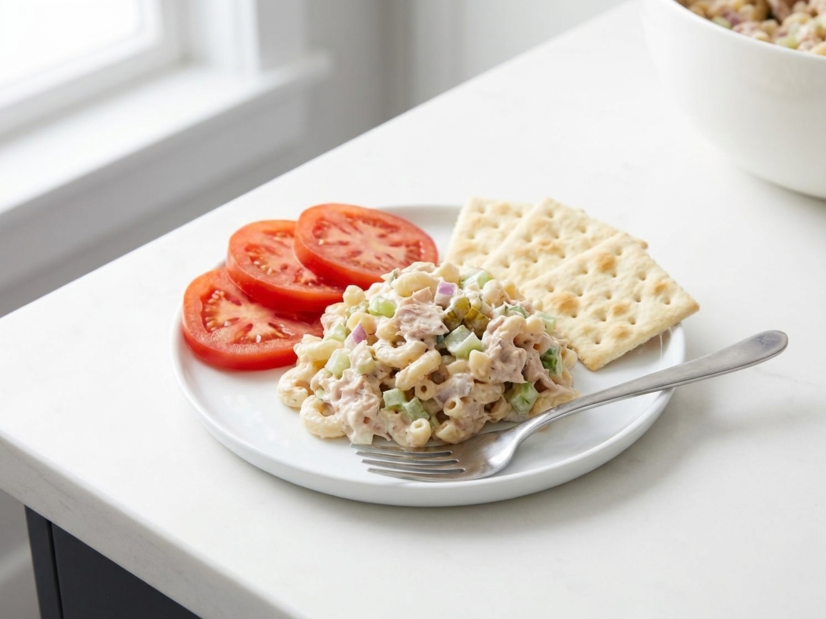 A scoop of tuna macaroni salad served on a small plate beside sliced tomatoes and crackers on a simple kitchen table setting