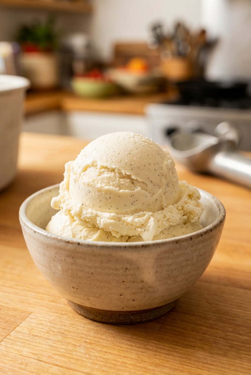 A scoop of vanilla bean ice cream in a small bowl with visible vanilla flecks