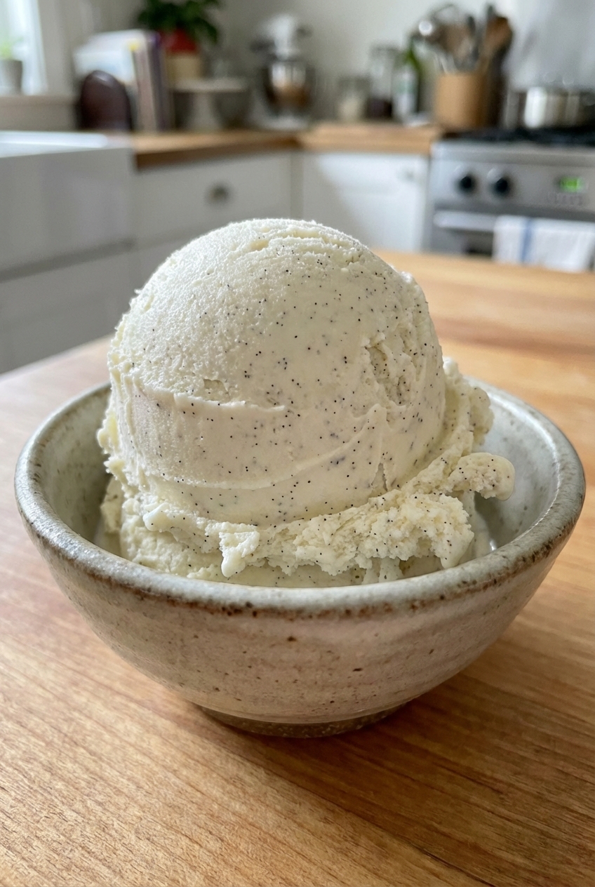 A scoop of vanilla bean ice cream in a small bowl with visible vanilla specks