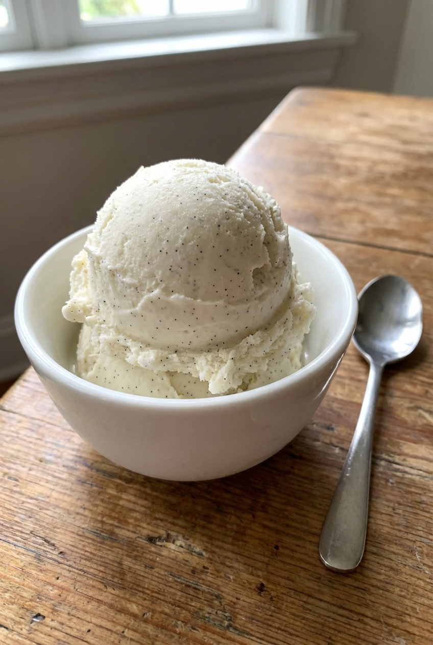 A scoop of vanilla bean ice cream in a small bowl with visible vanilla specks