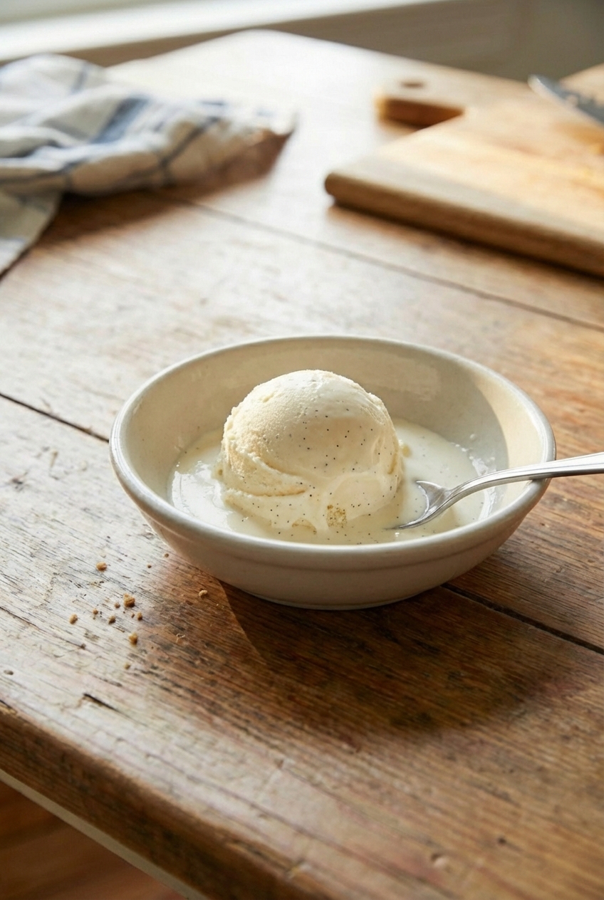 A scoop of vanilla bean ice cream melting slightly in a small bowl