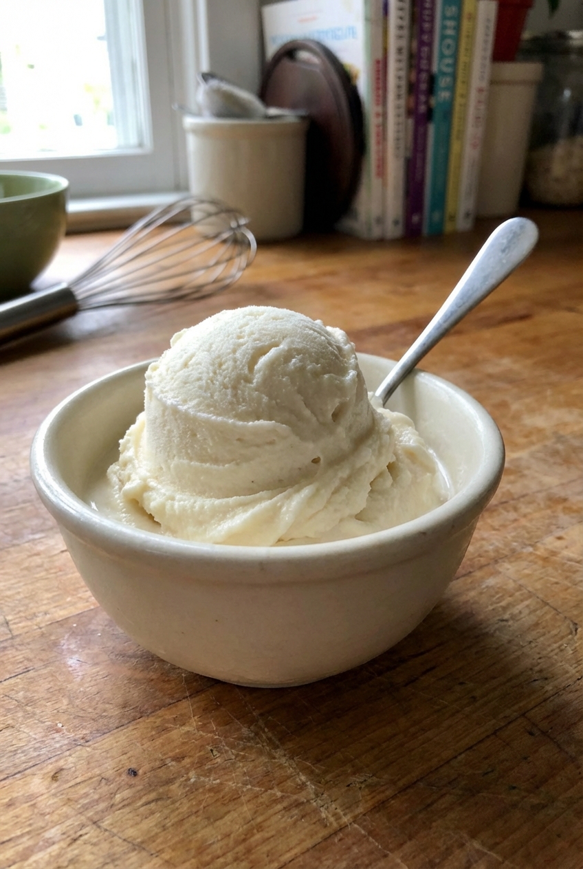 A scoop of vanilla frozen yogurt in a small bowl