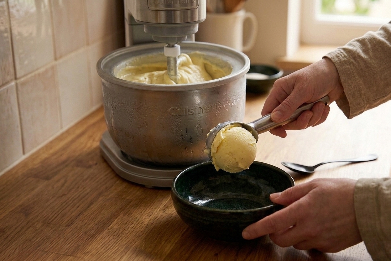 A scoop of vanilla ice cream being lifted from a container into a bowl with a metal scoop