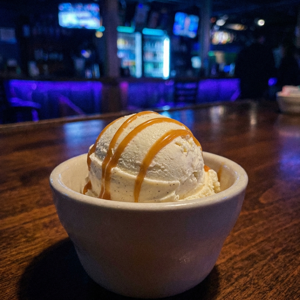 A scoop of vanilla ice cream in a bowl with a light drizzle of caramel