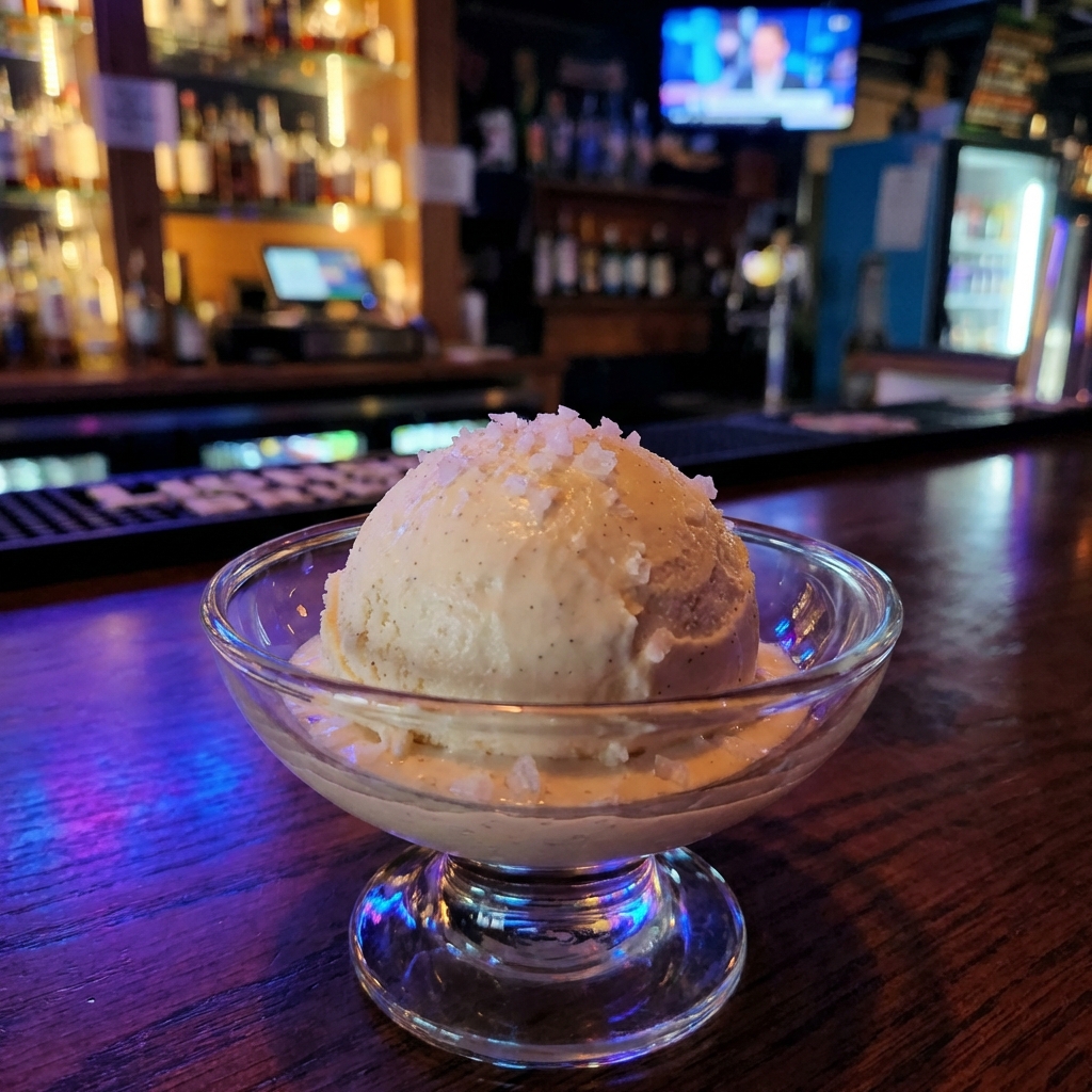 A scoop of vanilla ice cream in a bowl with a sprinkle of flaky salt