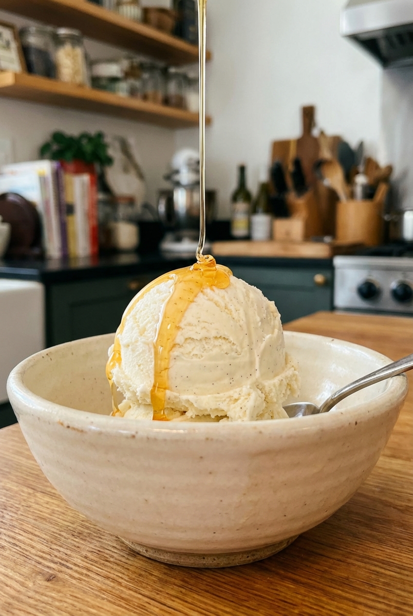 A scoop of vanilla ice cream in a bowl with a thin drizzle of honey