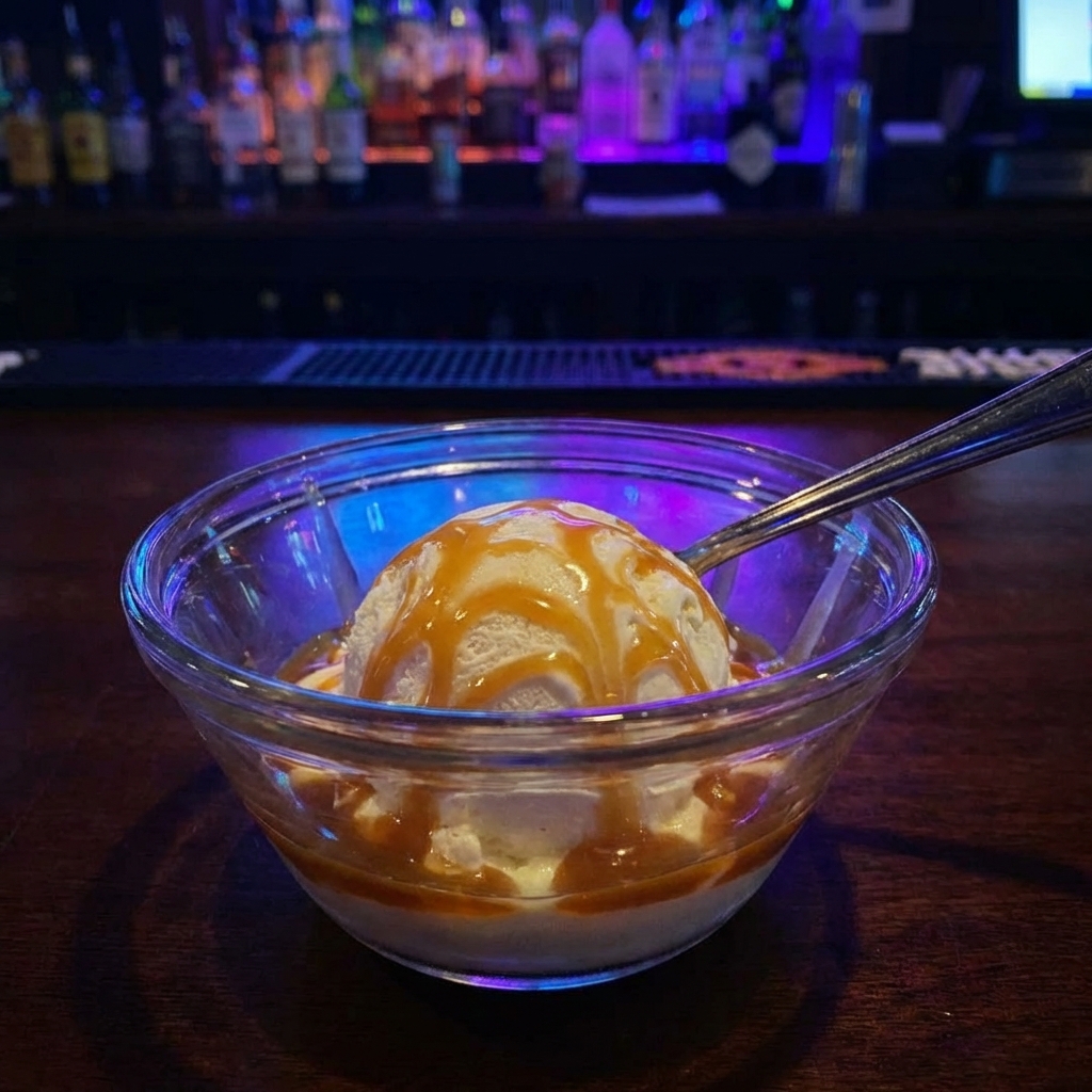 A scoop of vanilla ice cream in a bowl with caramel drizzle