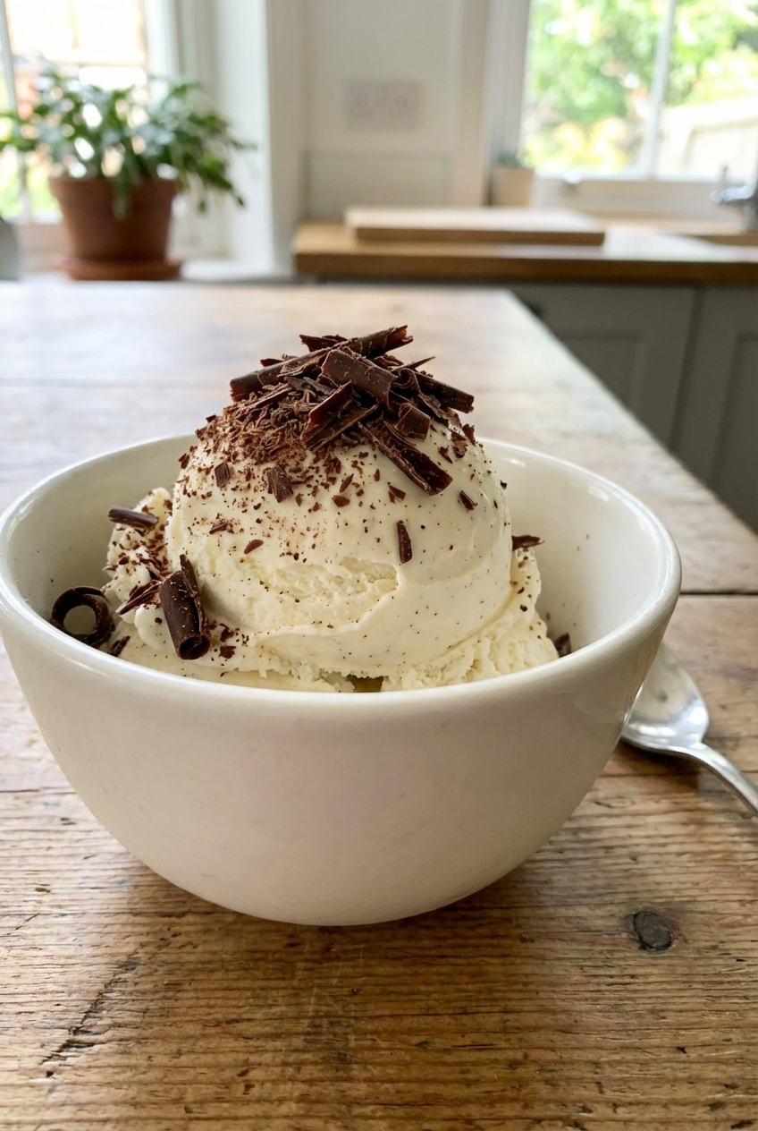 A scoop of vanilla ice cream in a bowl with chocolate shavings