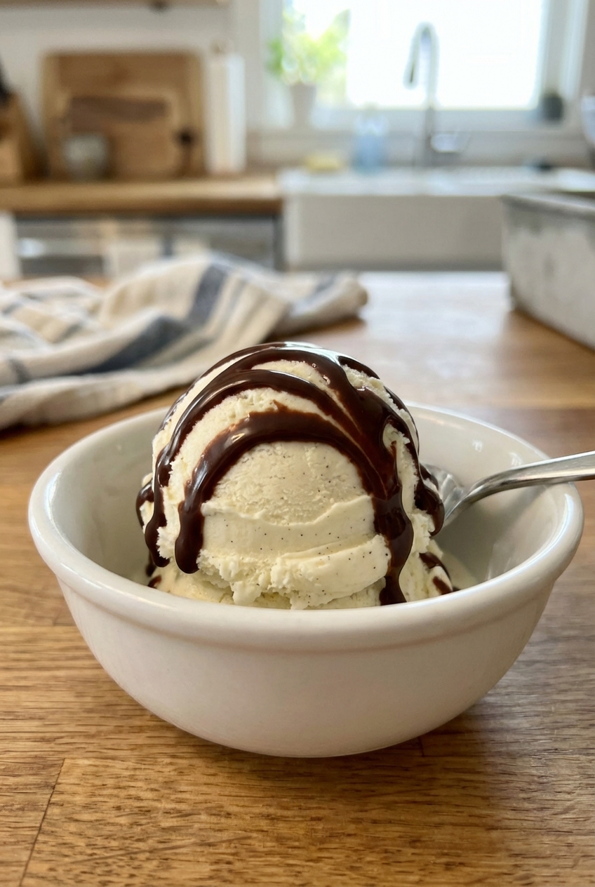 A scoop of vanilla ice cream in a bowl with chocolate drizzle