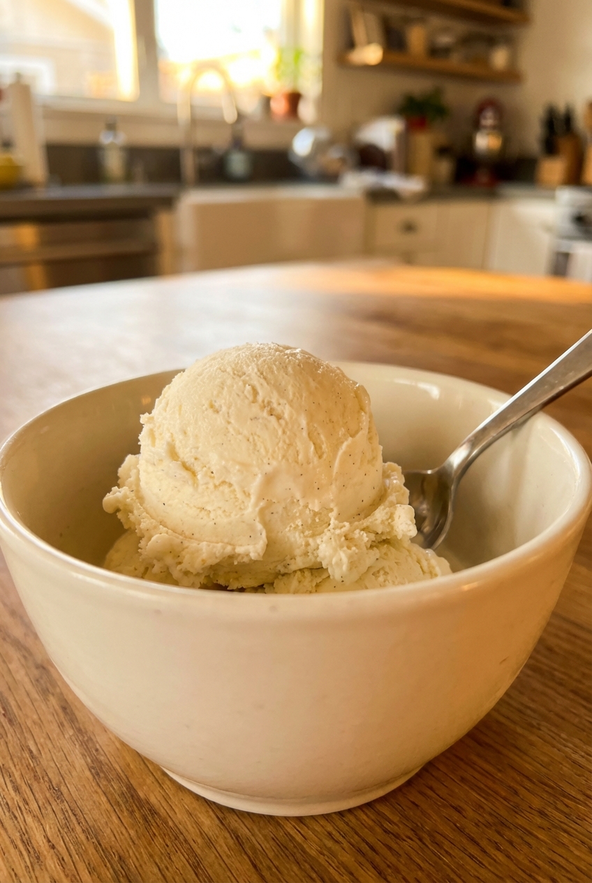 A scoop of vanilla ice cream in a bowl