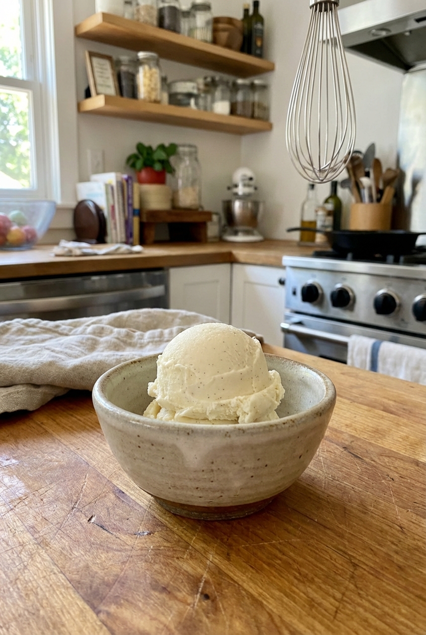 A scoop of vanilla ice cream in a bowl