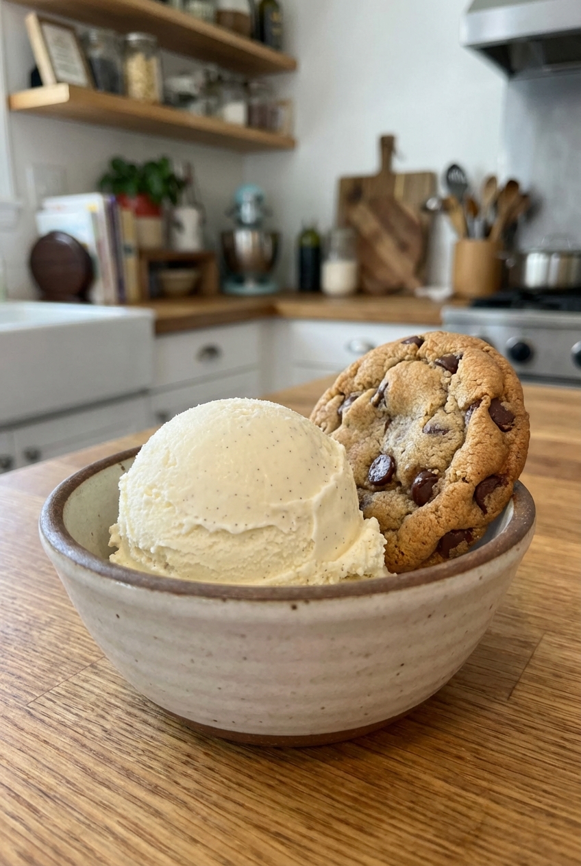 A scoop of vanilla ice cream in a small bowl with a cookie on the side