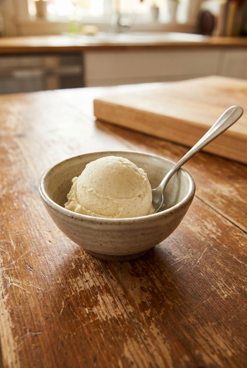 A scoop of vanilla ice cream in a small bowl with a spoon on a wooden table