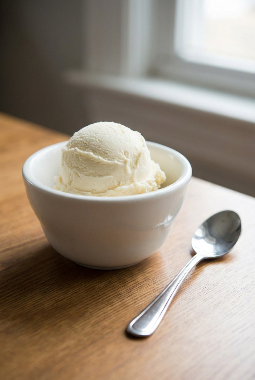 A scoop of vanilla ice cream in a small bowl with a spoon on the side
