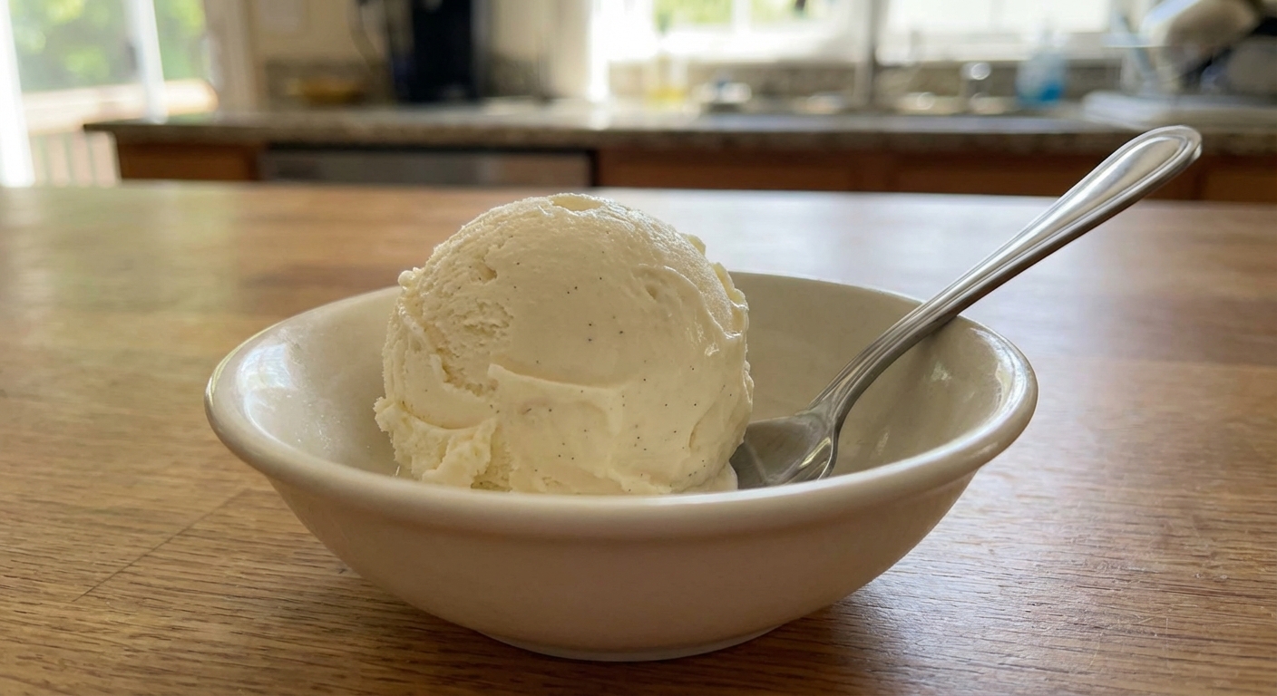 A scoop of vanilla ice cream in a small bowl with a spoon