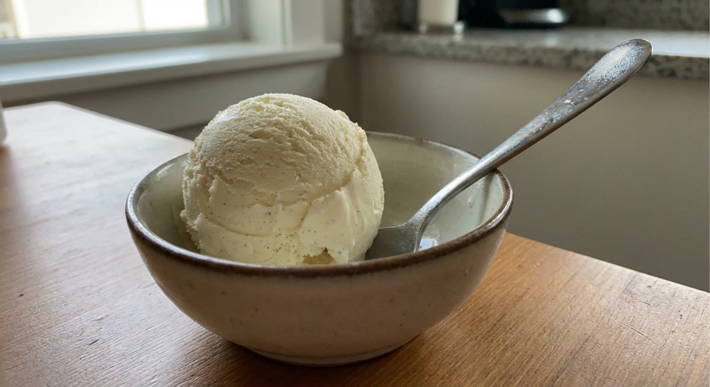 A scoop of vanilla ice cream in a small bowl with a spoon