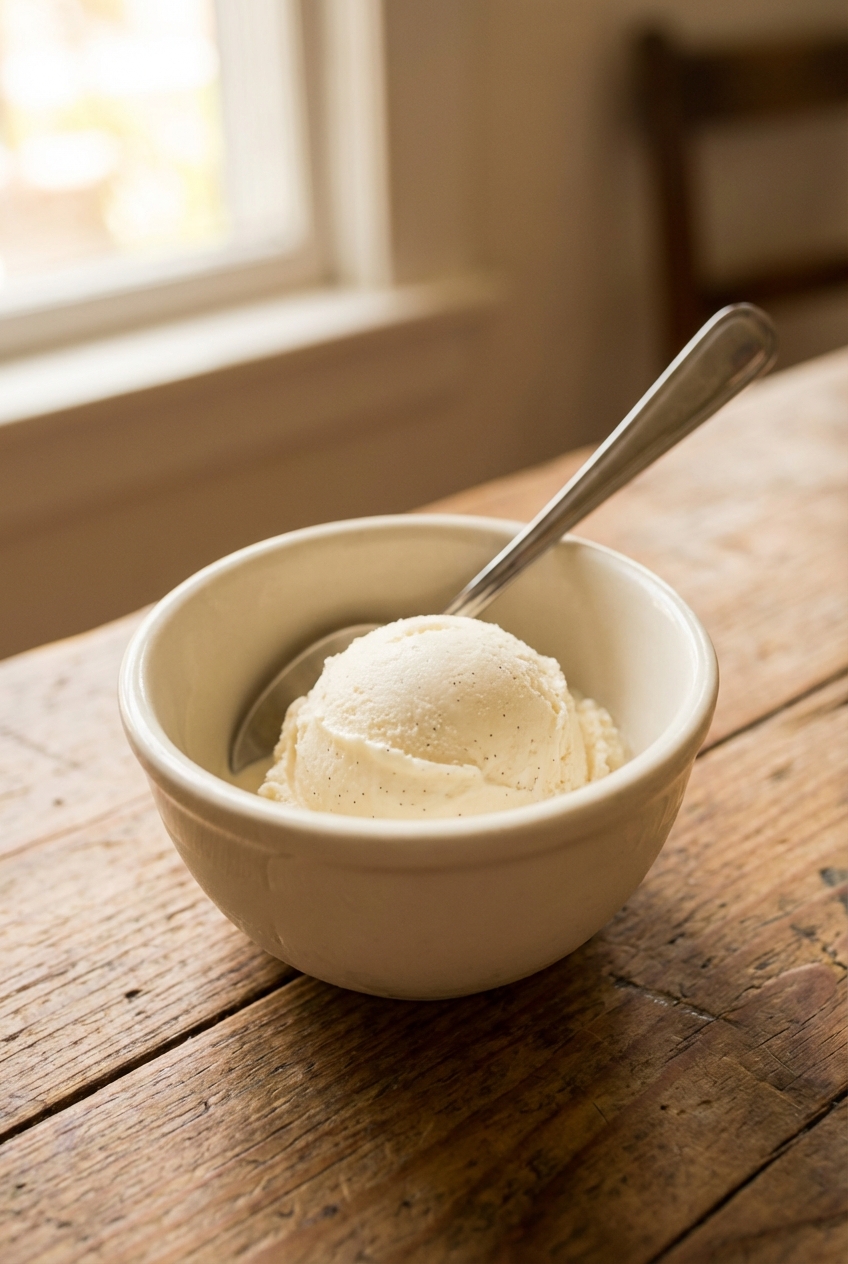 A scoop of vanilla ice cream in a small bowl with a spoon