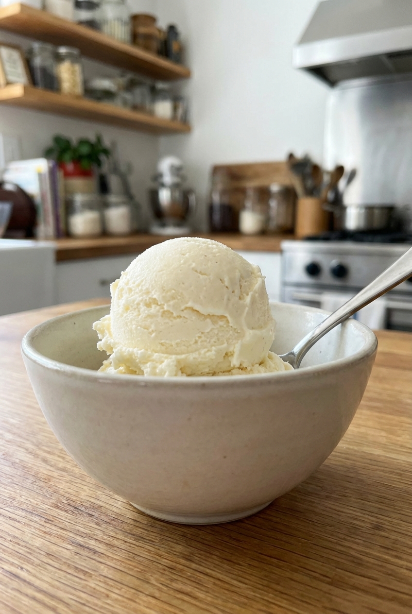 A scoop of vanilla ice cream in a small bowl with a spoon