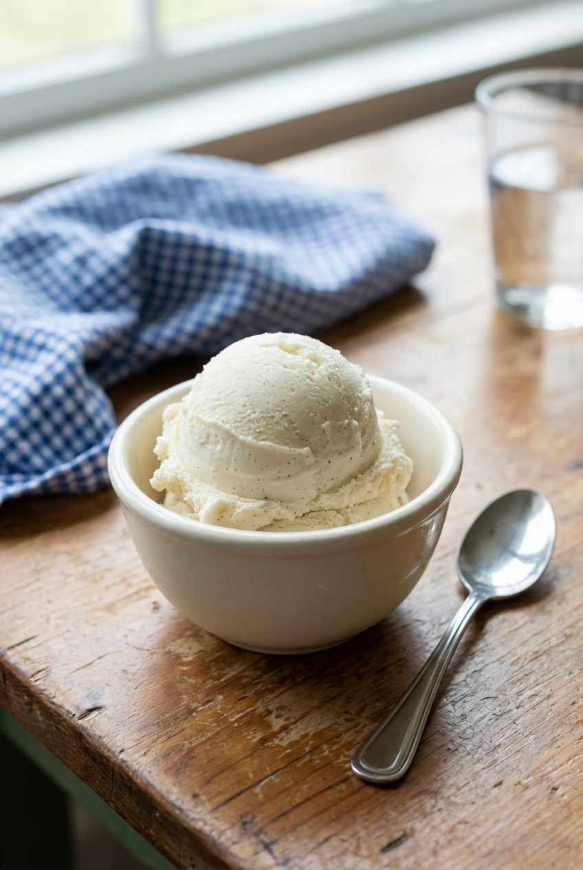 A scoop of vanilla ice cream in a small bowl