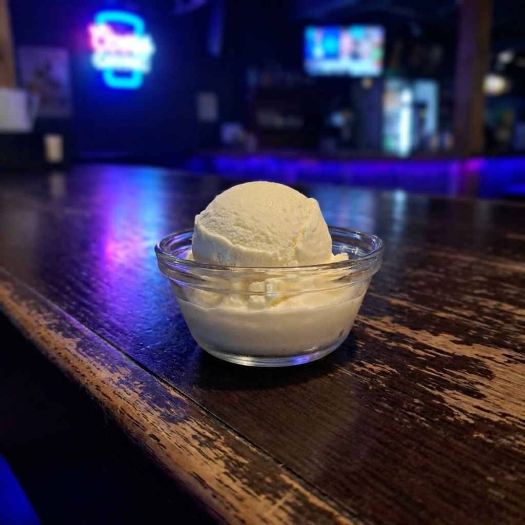 A scoop of vanilla ice cream in a small bowl