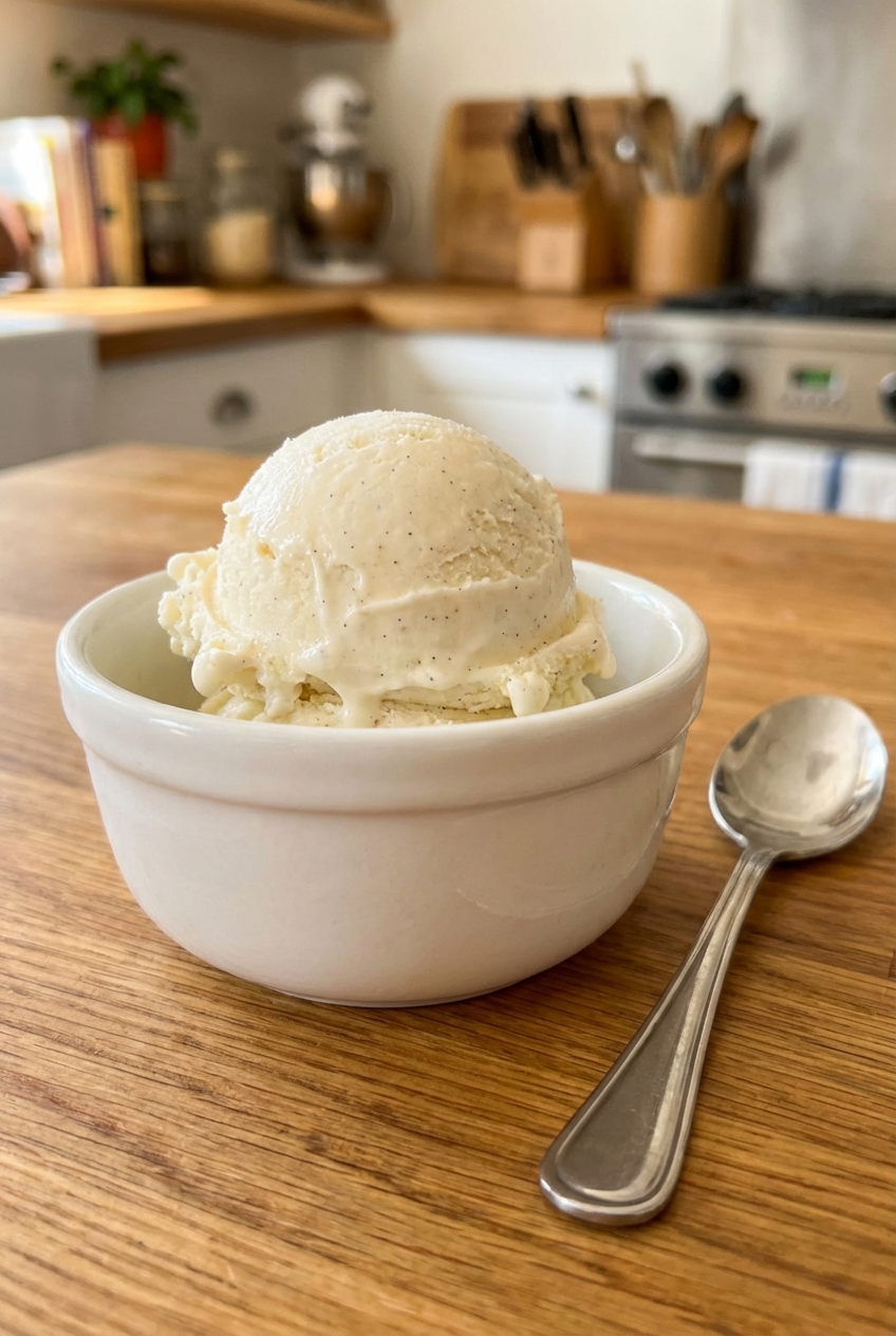 A scoop of vanilla ice cream in a small bowl