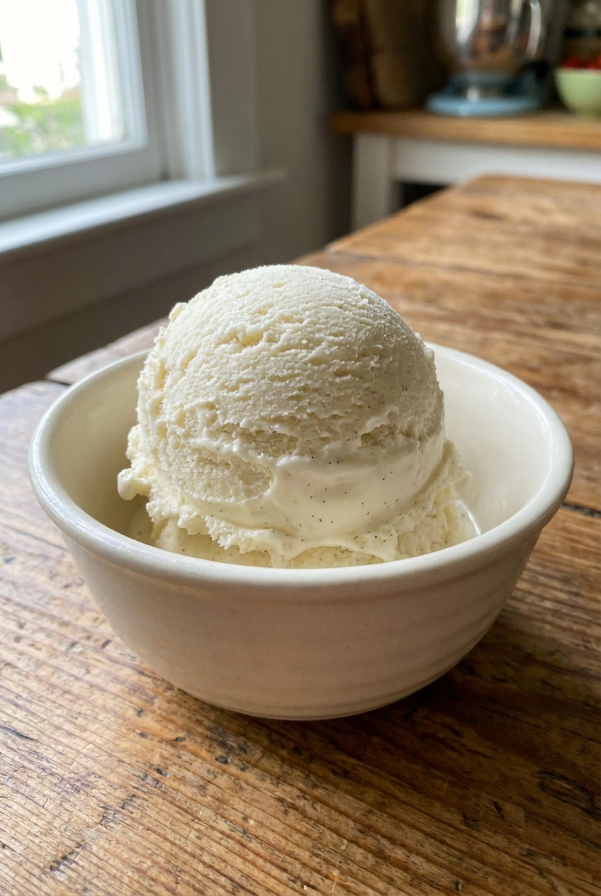 A scoop of vanilla ice cream in a small bowl