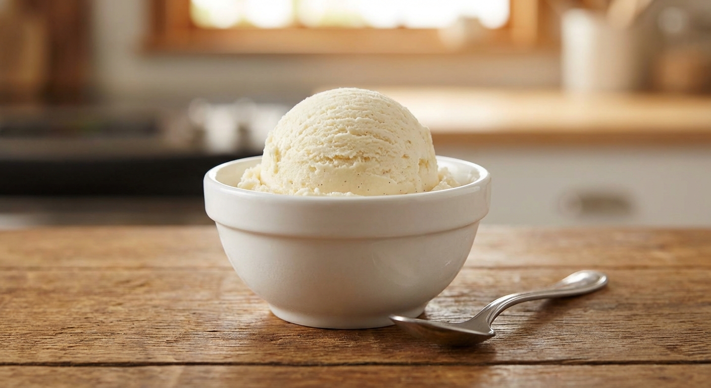 A scoop of vanilla ice cream in a small bowl
