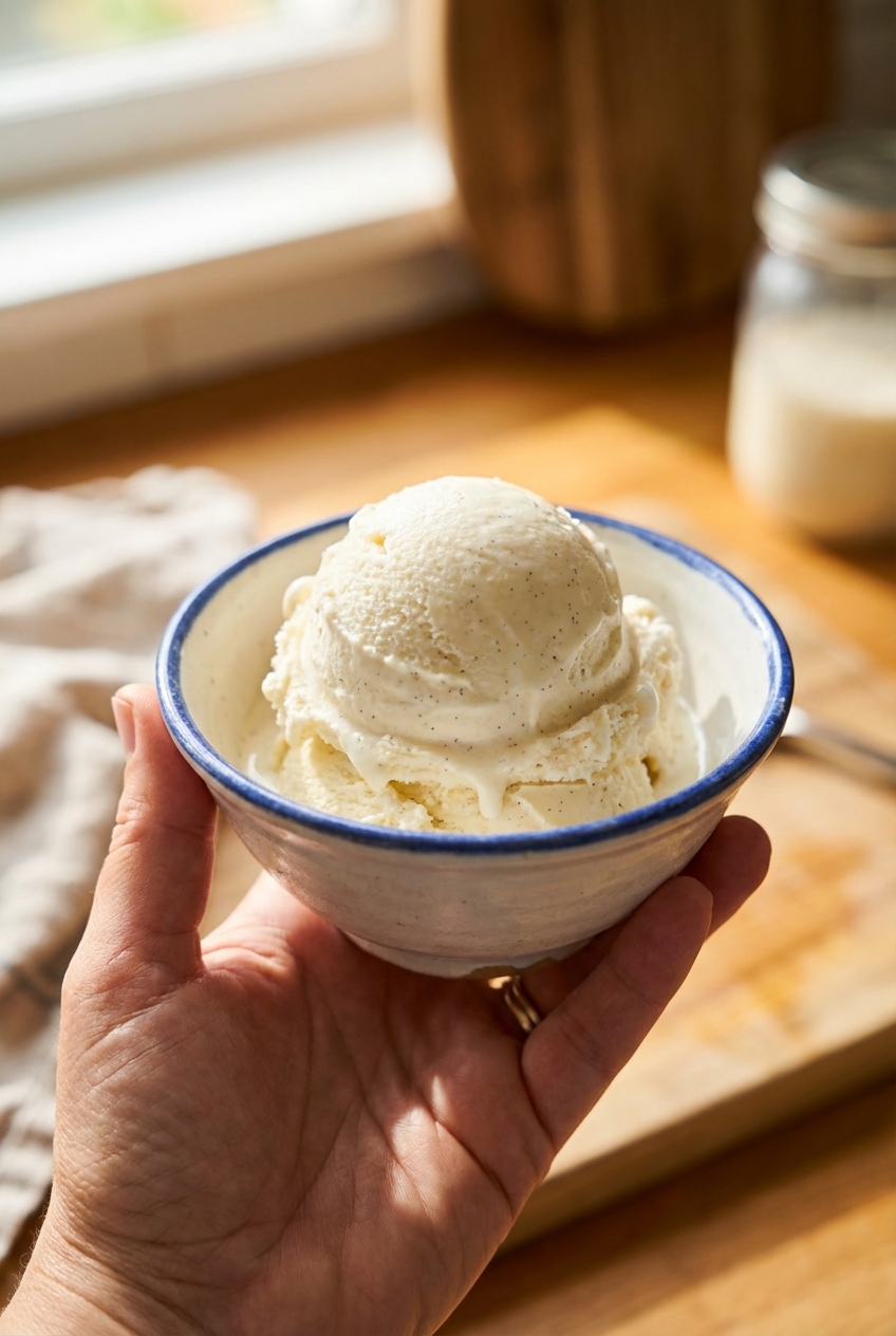 A scoop of vanilla ice cream in a small bowl