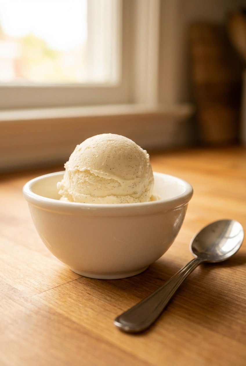 A scoop of vanilla ice cream in a small bowl
