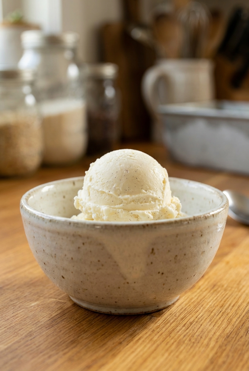 A scoop of vanilla ice cream in a small ceramic bowl