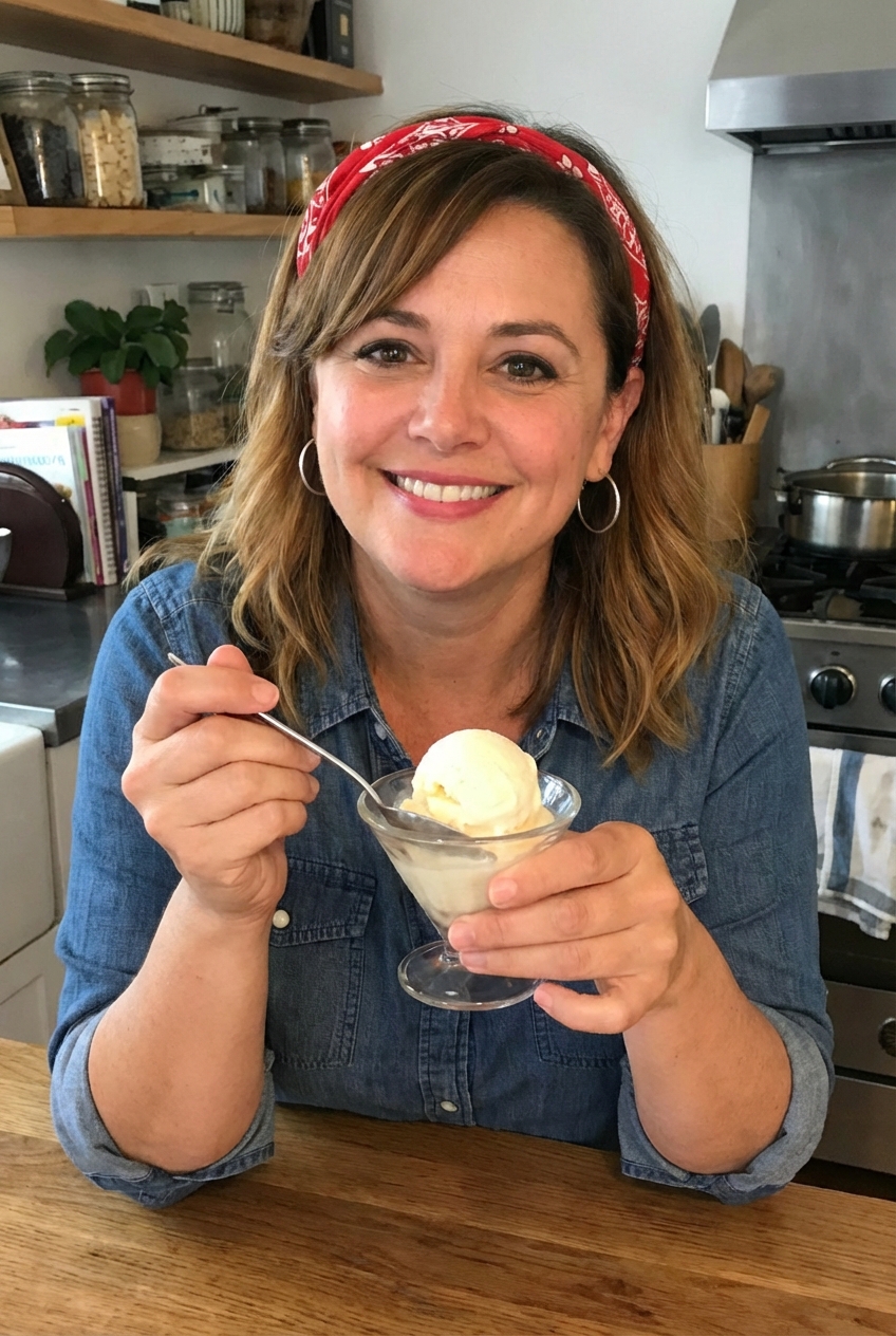 A scoop of vanilla ice cream in a small dish with a spoon