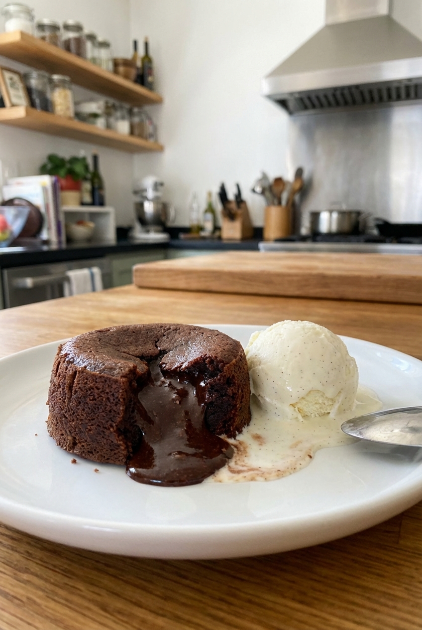 A scoop of vanilla ice cream melting beside a warm chocolate lava cake on a white plate