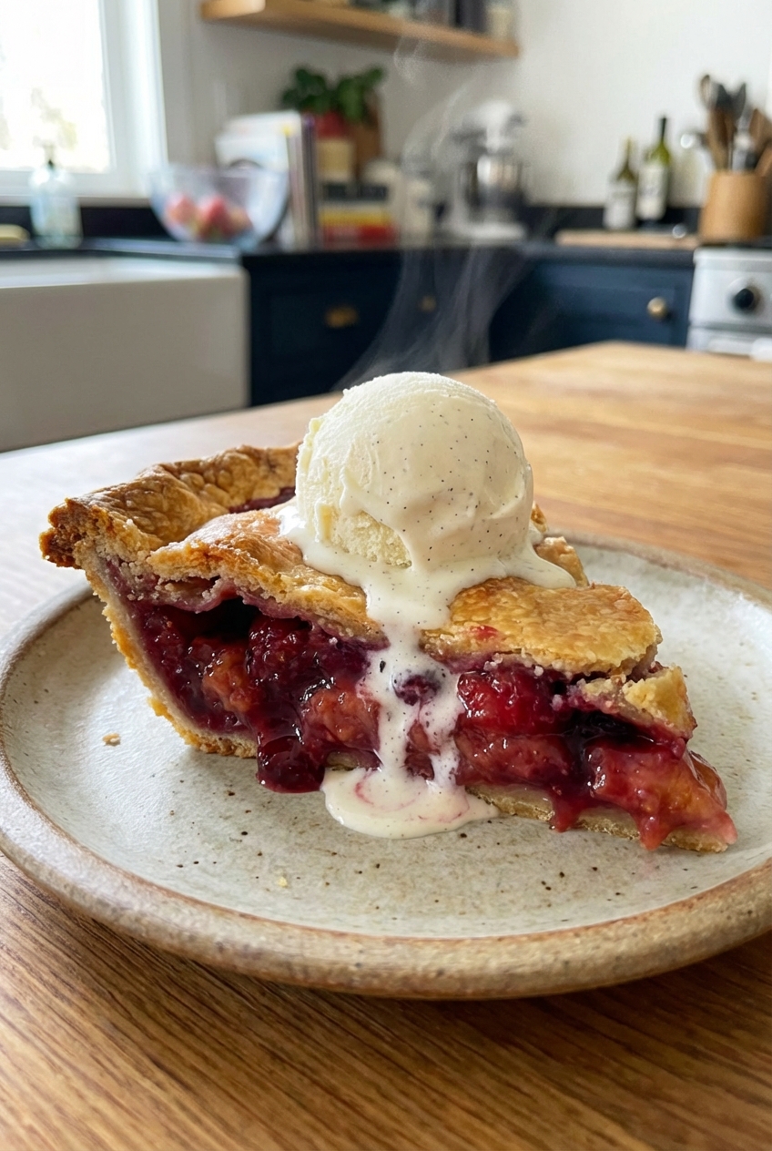 A scoop of vanilla ice cream melting on a warm slice of fruit pie on a plate