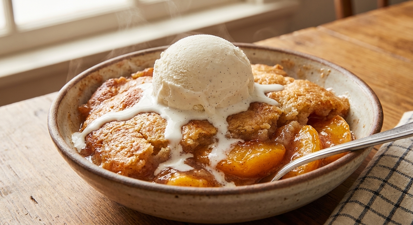 A scoop of vanilla ice cream melting on warm peach cobbler in a bowl